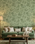 Sage Swan green pastoral toile wallpaper in a warm and inviting living room