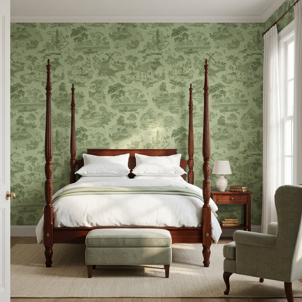 Sage Swan green pastoral toile wallpaper adding character to a cozy bedroom