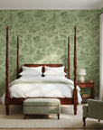 Sage Swan green pastoral toile wallpaper adding character to a cozy bedroom
