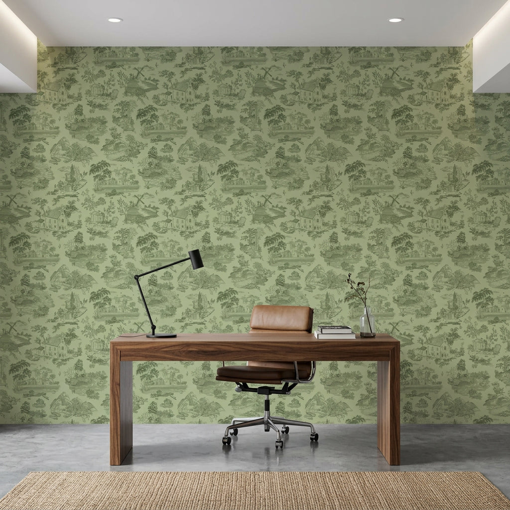 Sage Swan green pastoral toile wallpaper as a feature wall in a bright home office