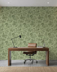 Sage Swan green pastoral toile wallpaper as a feature wall in a bright home office