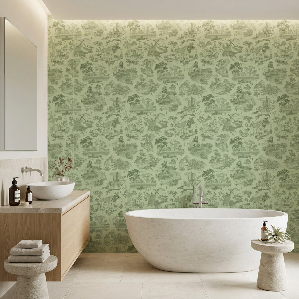 Sage Swan green pastoral toile wallpaper creating ambiance in a serene bathroom