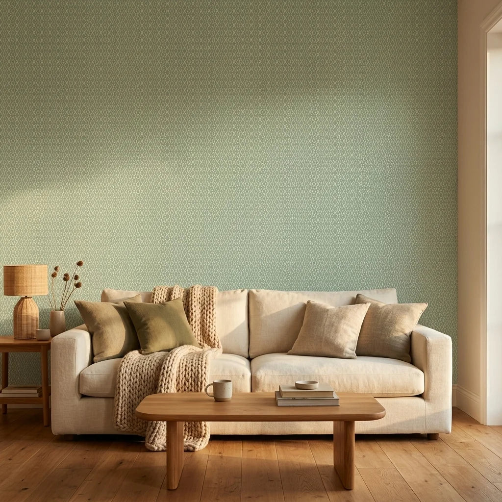 Sage Trellis serene geometric wallpaper in a warm and inviting living room