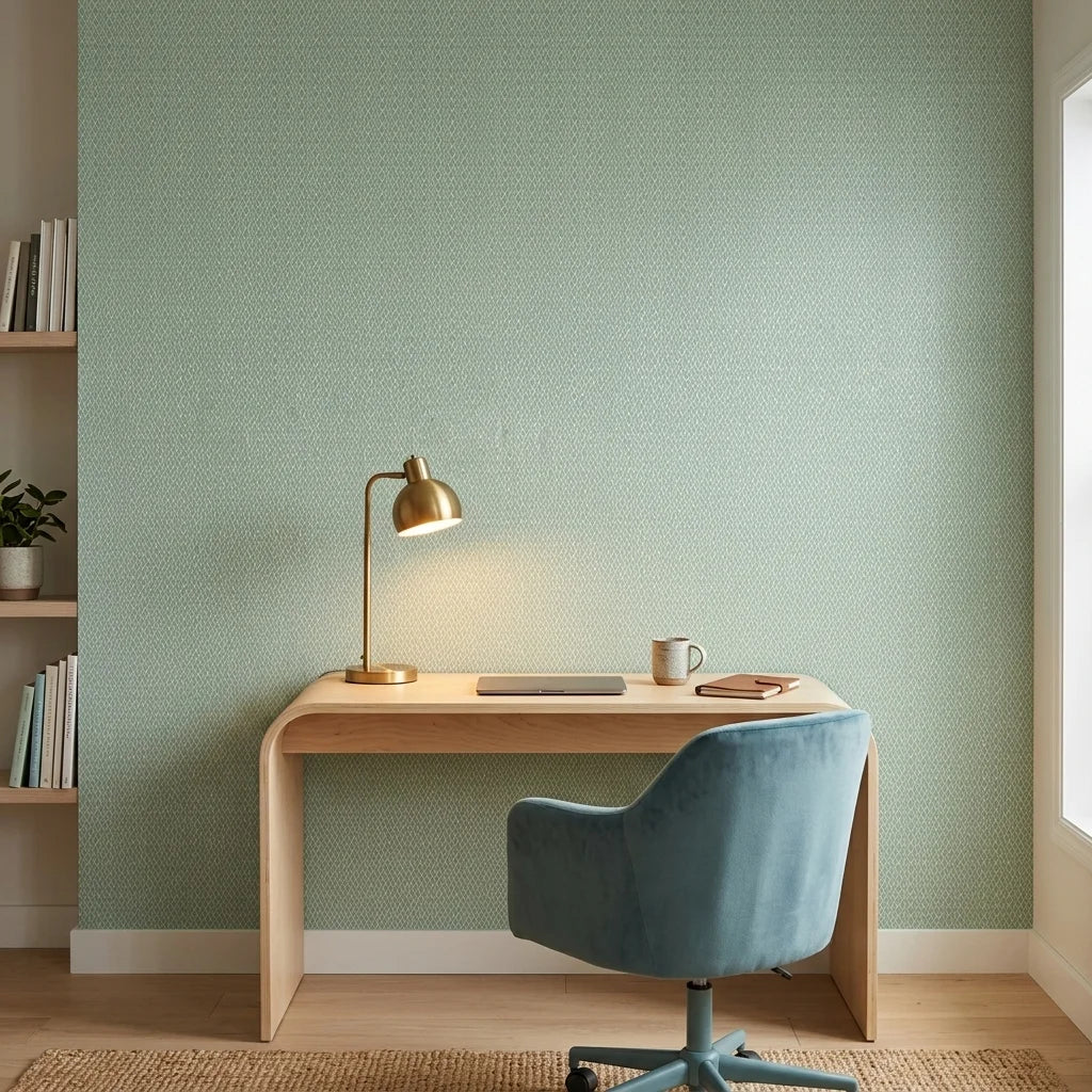 Sage Trellis serene geometric wallpaper as a feature wall in a bright home office