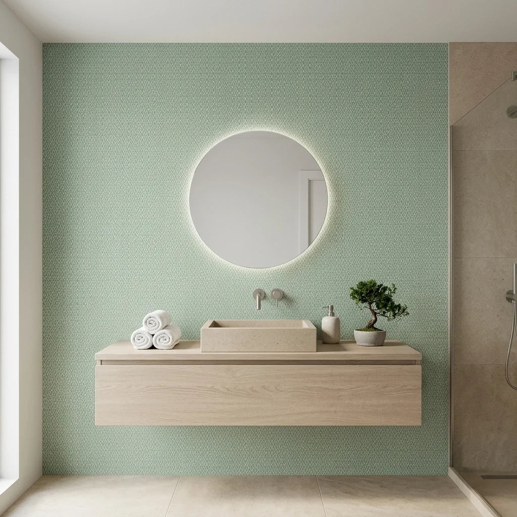 Sage Trellis serene geometric wallpaper creating ambiance in a serene bathroom