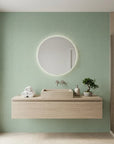 Sage Trellis serene geometric wallpaper creating ambiance in a serene bathroom