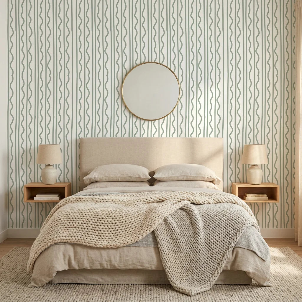 Sage Wave serene green lines wallpaper in a warm and inviting living room