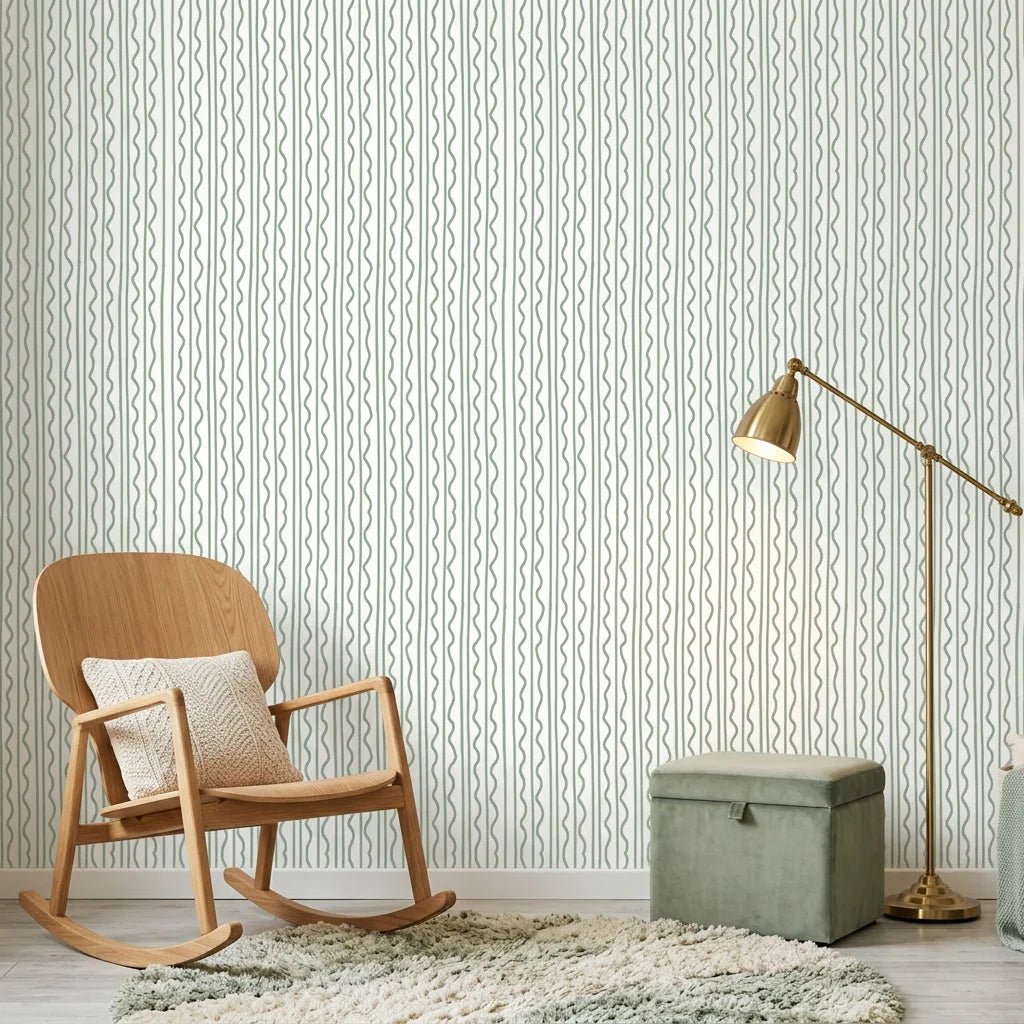 Sage Wave serene green lines wallpaper adding character to a cozy bedroom