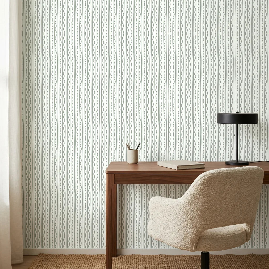 Sage Wave serene green lines wallpaper as a feature wall in a bright home office