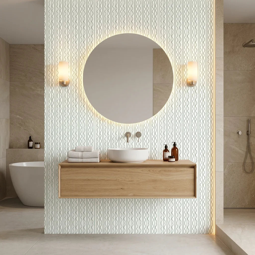 Sage Wave serene green lines wallpaper creating ambiance in a serene bathroom