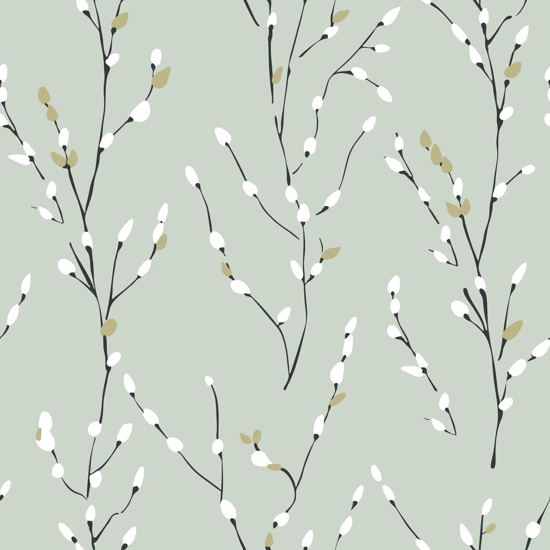 Matte sage willow branch peel and stick wallpaper with soft buds - Sage &amp; Bud