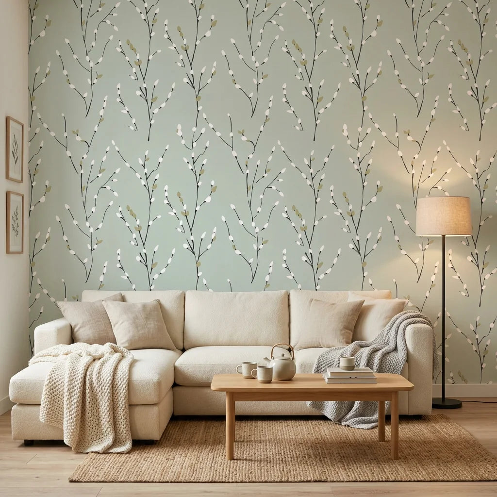 Sage &amp; Bud serene green willow in a warm and inviting living room