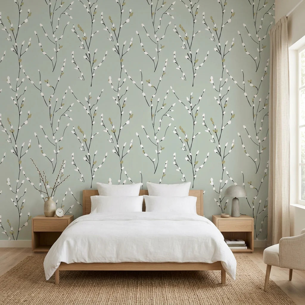 Sage &amp; Bud serene green willow adding character to a cozy bedroom