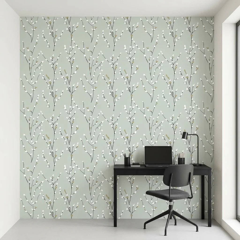 Sage &amp; Bud serene green willow as a feature wall in a bright home office