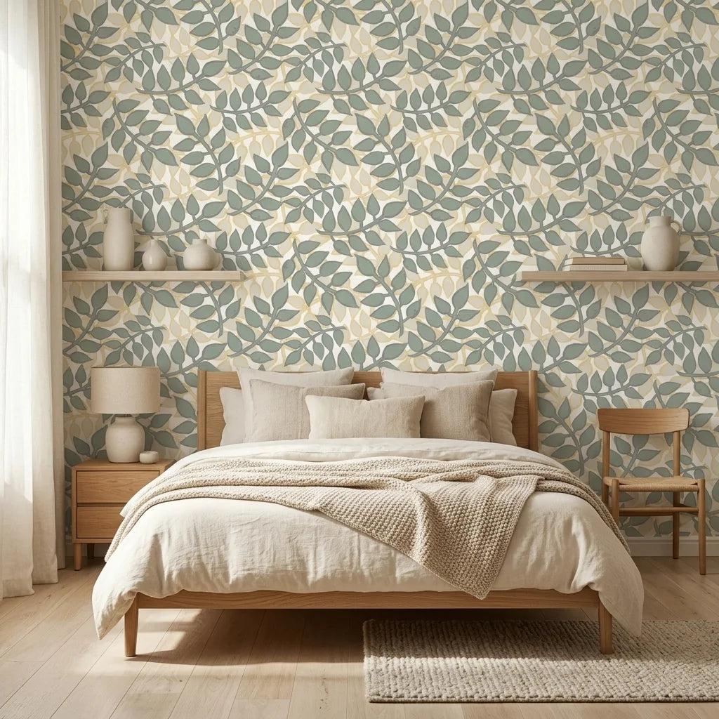Sage & Gold elegant botanical peel and stick wallpaper in a warm and inviting living room