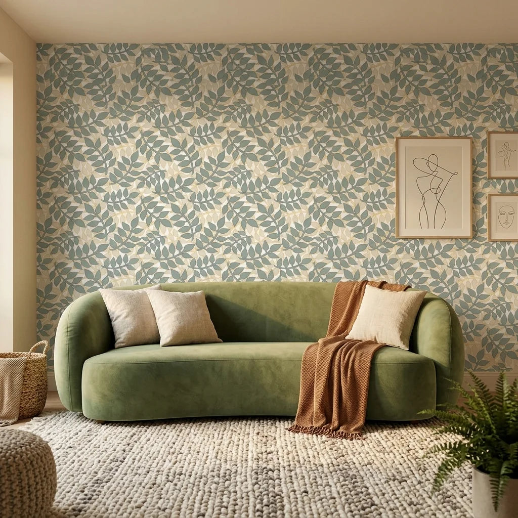 Sage & Gold elegant botanical peel and stick wallpaper adding character to a cozy bedroom