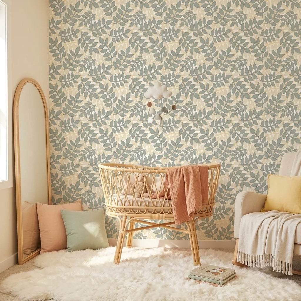 Sage & Gold elegant botanical peel and stick wallpaper as a feature wall in a bright home office