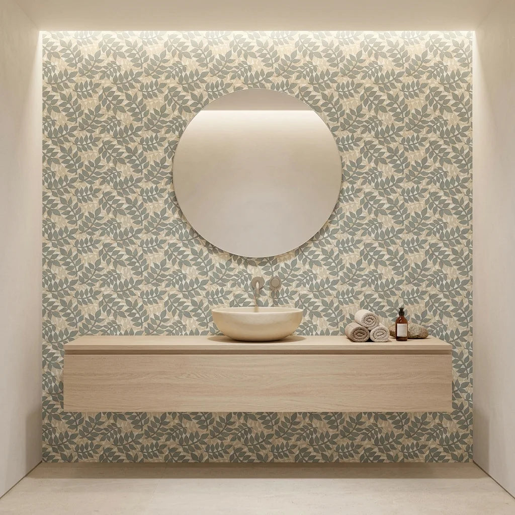 Sage & Gold elegant botanical peel and stick wallpaper creating ambiance in a serene bathroom