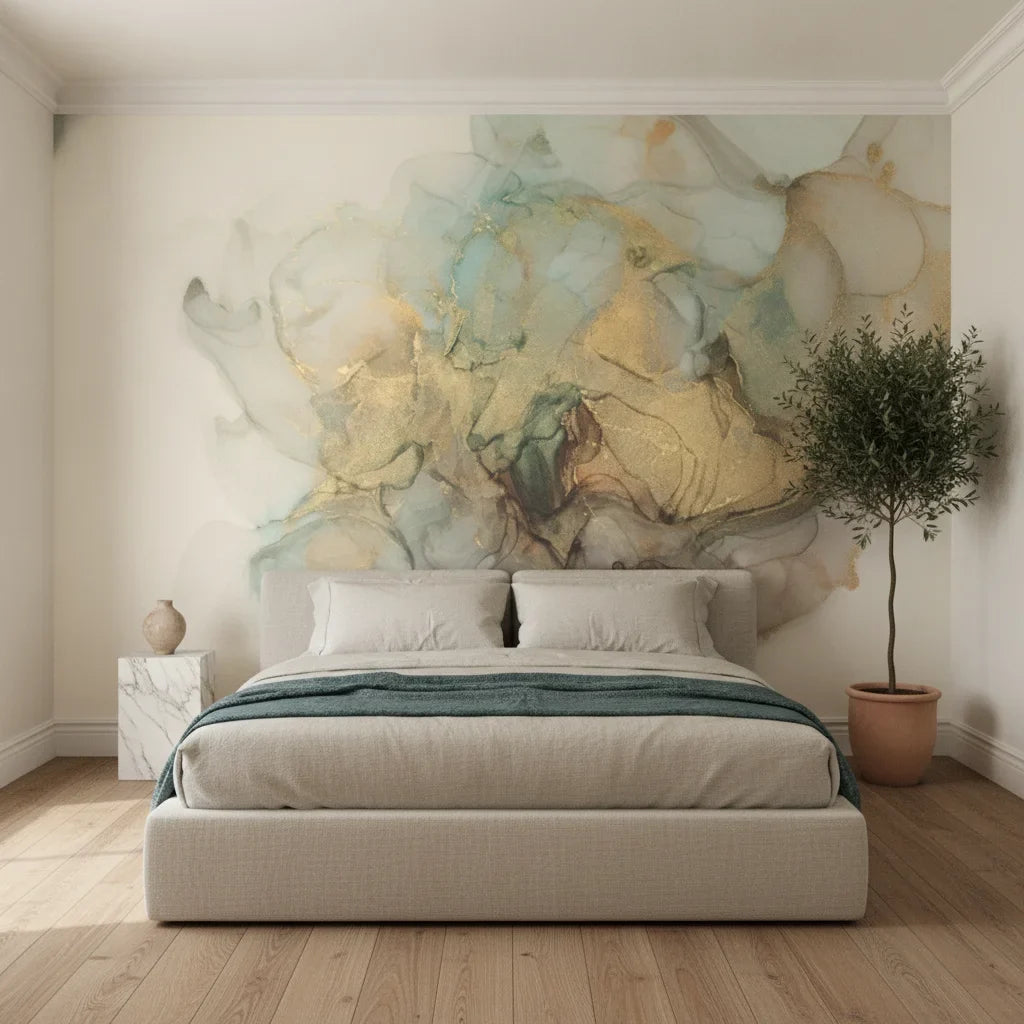 Sage Bloom Mist elegant sage and gold ink in a warm and inviting living room