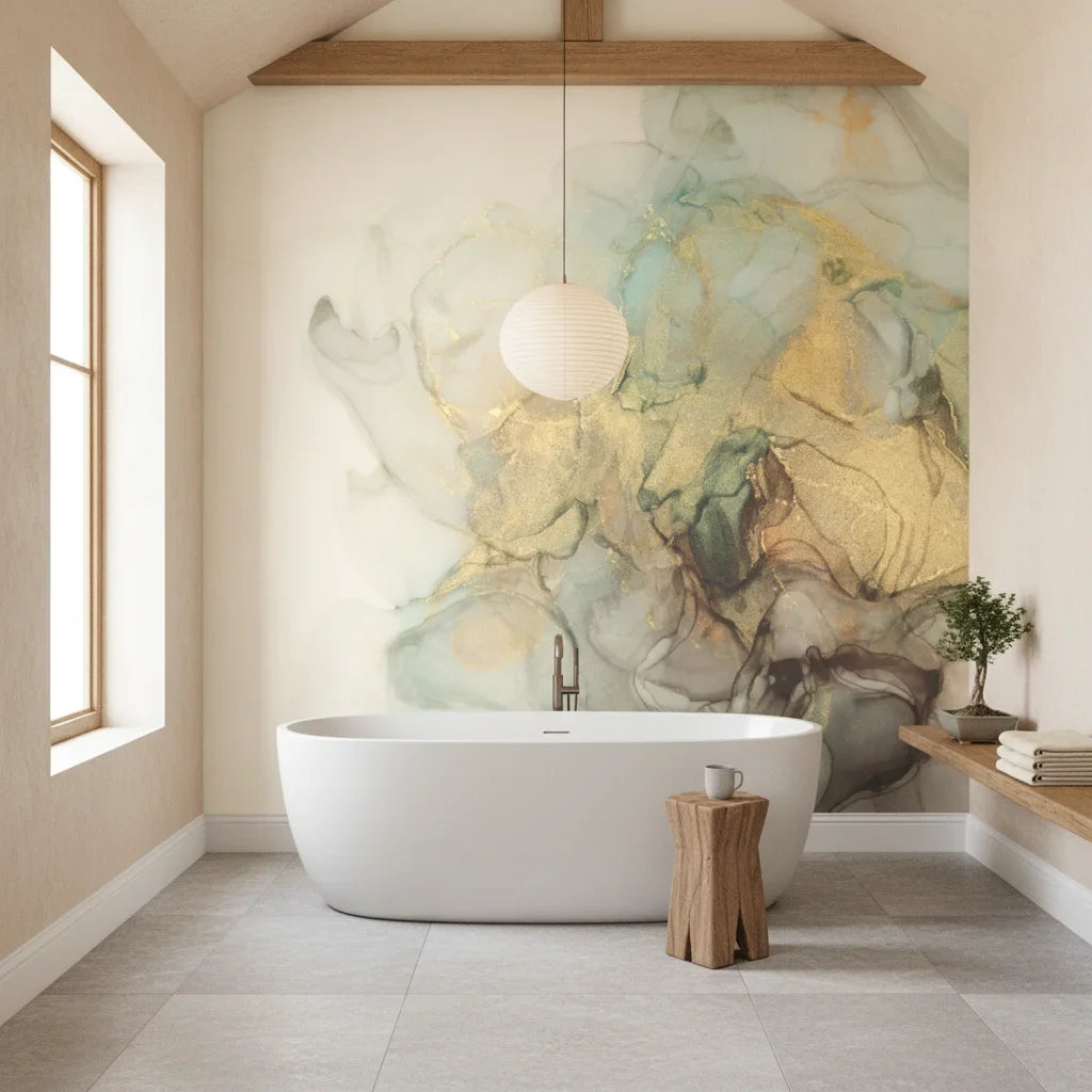 Sage Bloom Mist elegant sage and gold ink as a feature wall in a bright home office