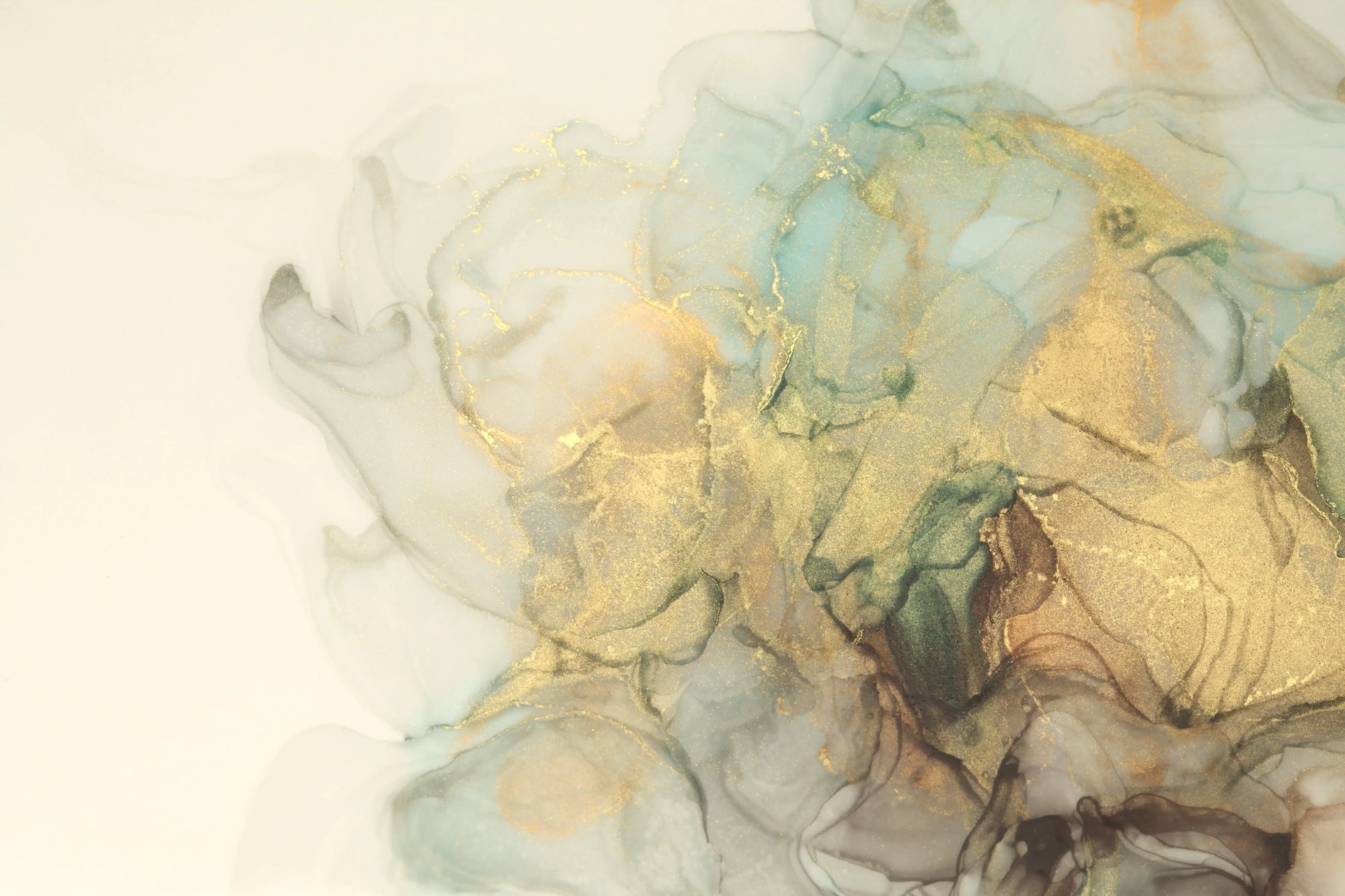 Textured peel and stick wallpaper with gold sage ink wash - Sage Bloom Mist