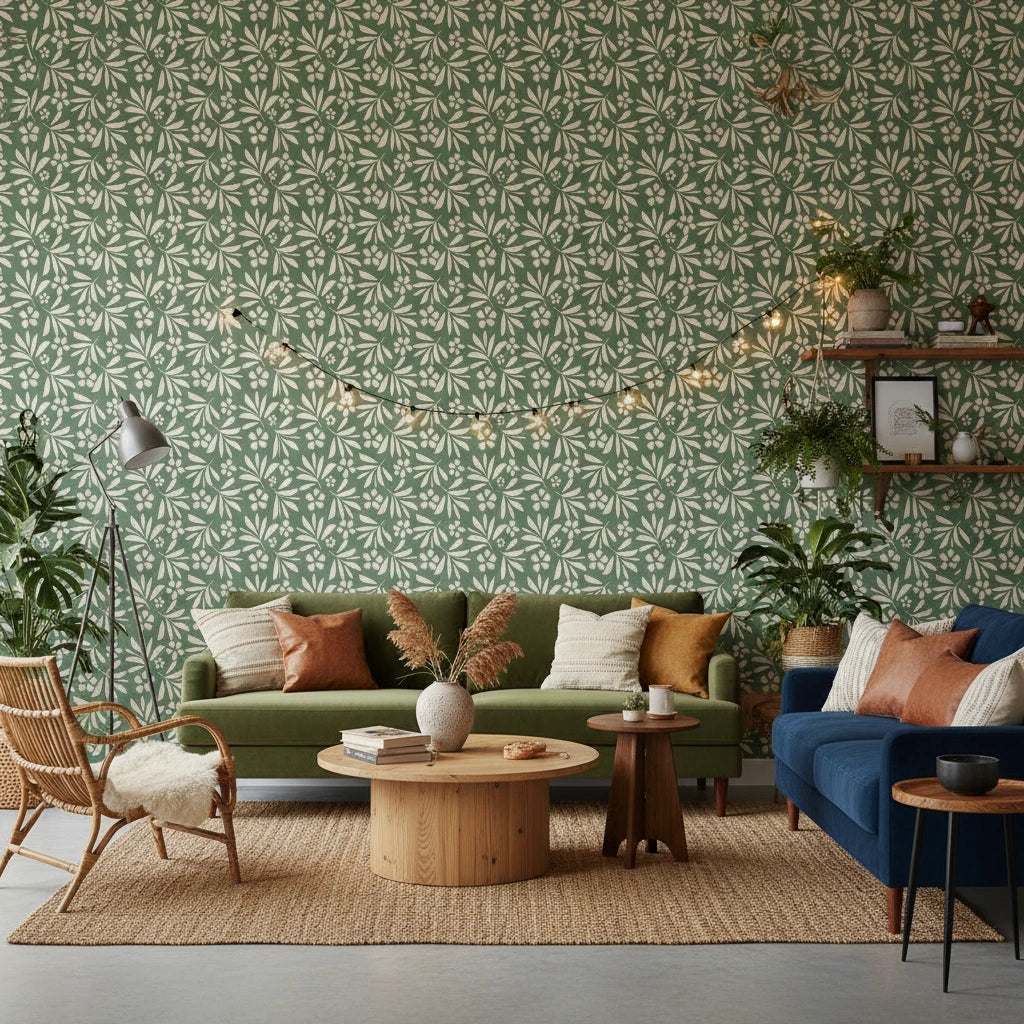 Sage Silhouette sage green botanical leaf wallpaper in a warm and inviting living room
