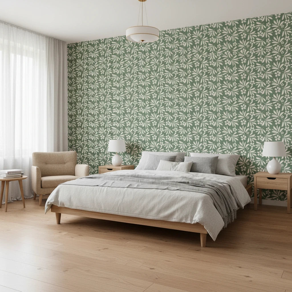 Sage Silhouette sage green botanical leaf wallpaper adding character to a cozy bedroom