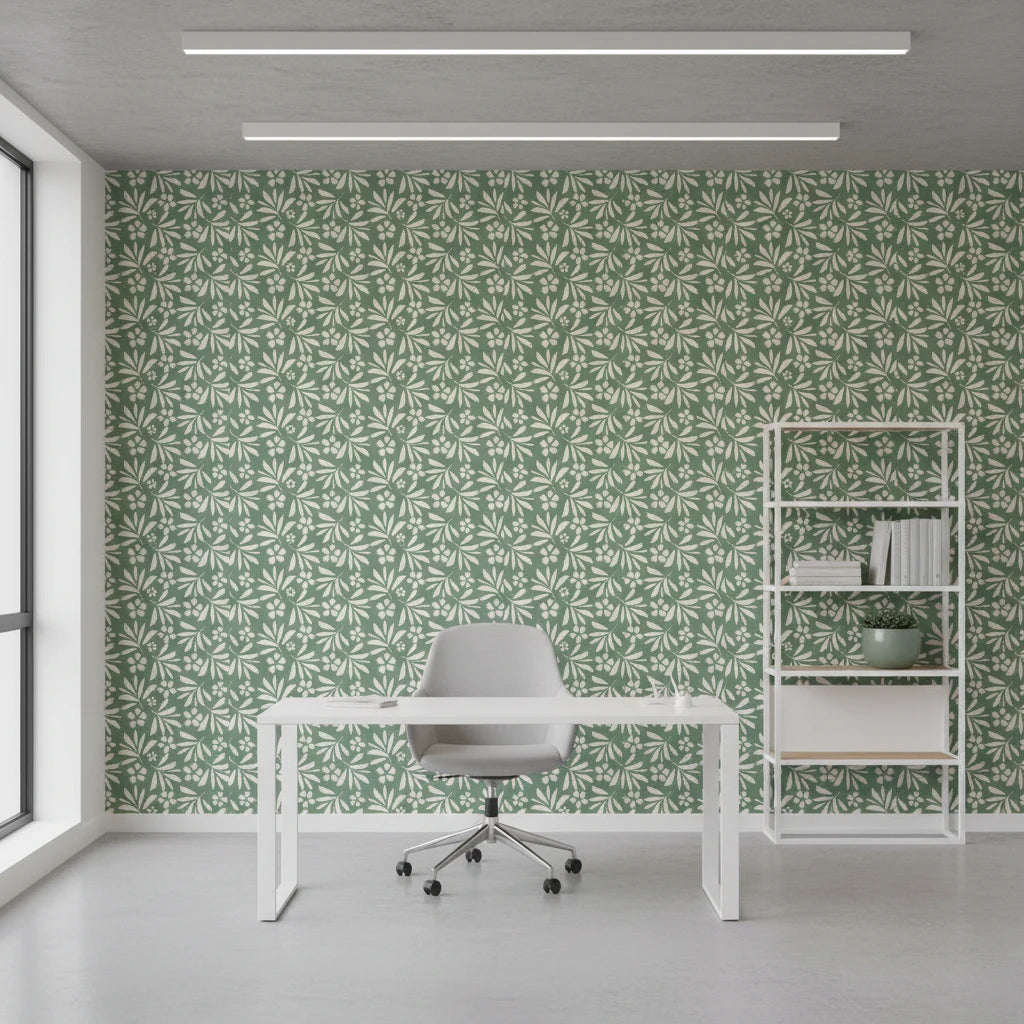Sage Silhouette sage green botanical leaf wallpaper as a feature wall in a bright home office
