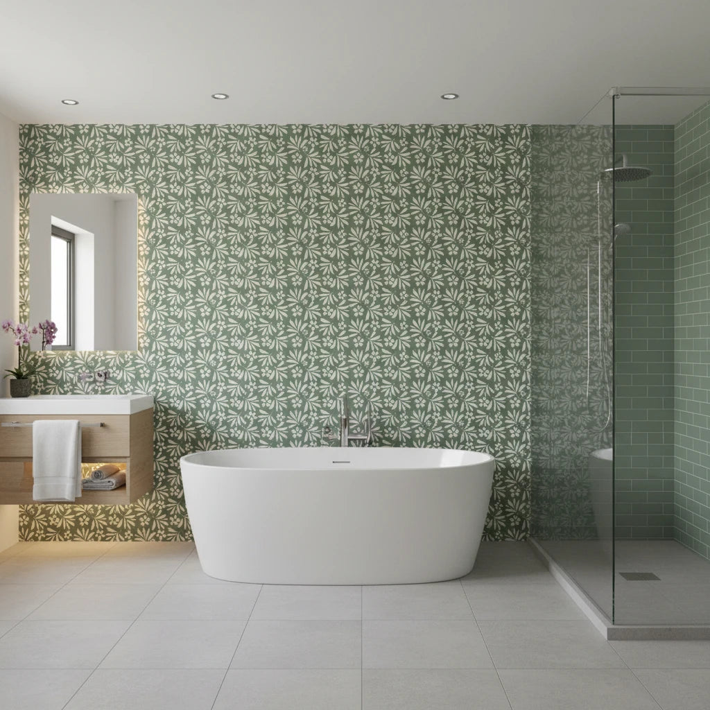 Sage Silhouette sage green botanical leaf wallpaper creating ambiance in a serene bathroom