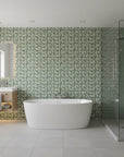 Sage Silhouette sage green botanical leaf wallpaper creating ambiance in a serene bathroom