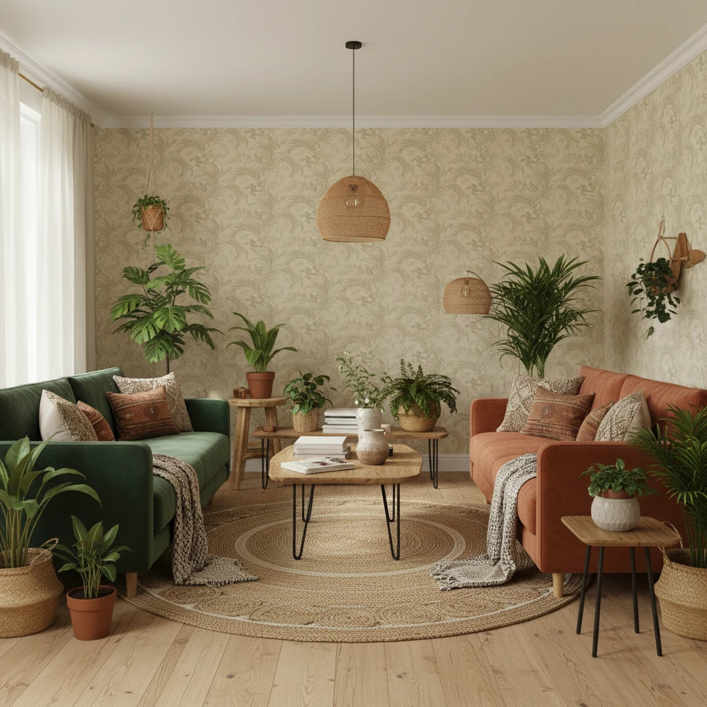 Sage Undergrowth olive green botanical grass wallpaper in a warm and inviting living room