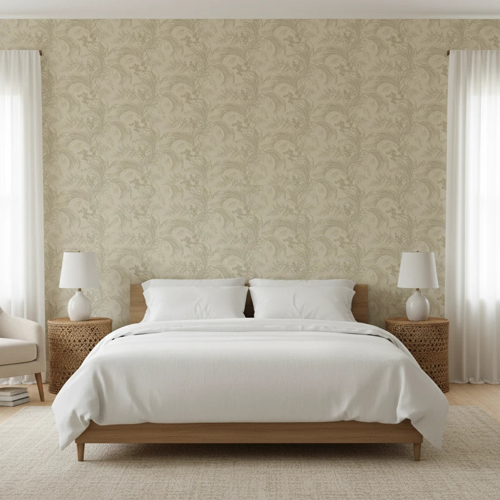 Sage Undergrowth olive green botanical grass wallpaper adding character to a cozy bedroom