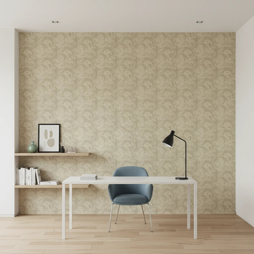 Sage Undergrowth olive green botanical grass wallpaper as a feature wall in a bright home office