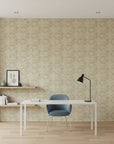 Sage Undergrowth olive green botanical grass wallpaper as a feature wall in a bright home office