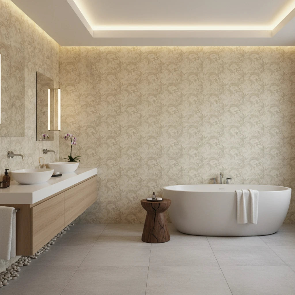 Sage Undergrowth olive green botanical grass wallpaper creating ambiance in a serene bathroom