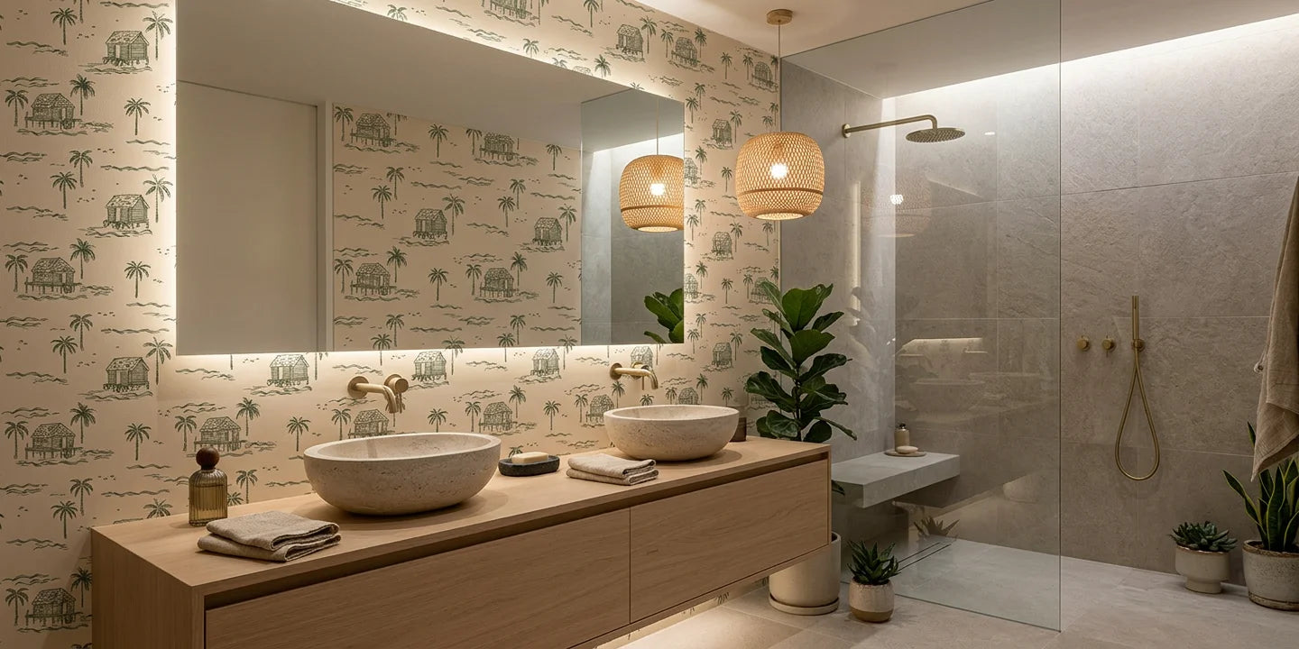 Salt Air breezy coastal wallpaper creating ambiance in a serene bathroom