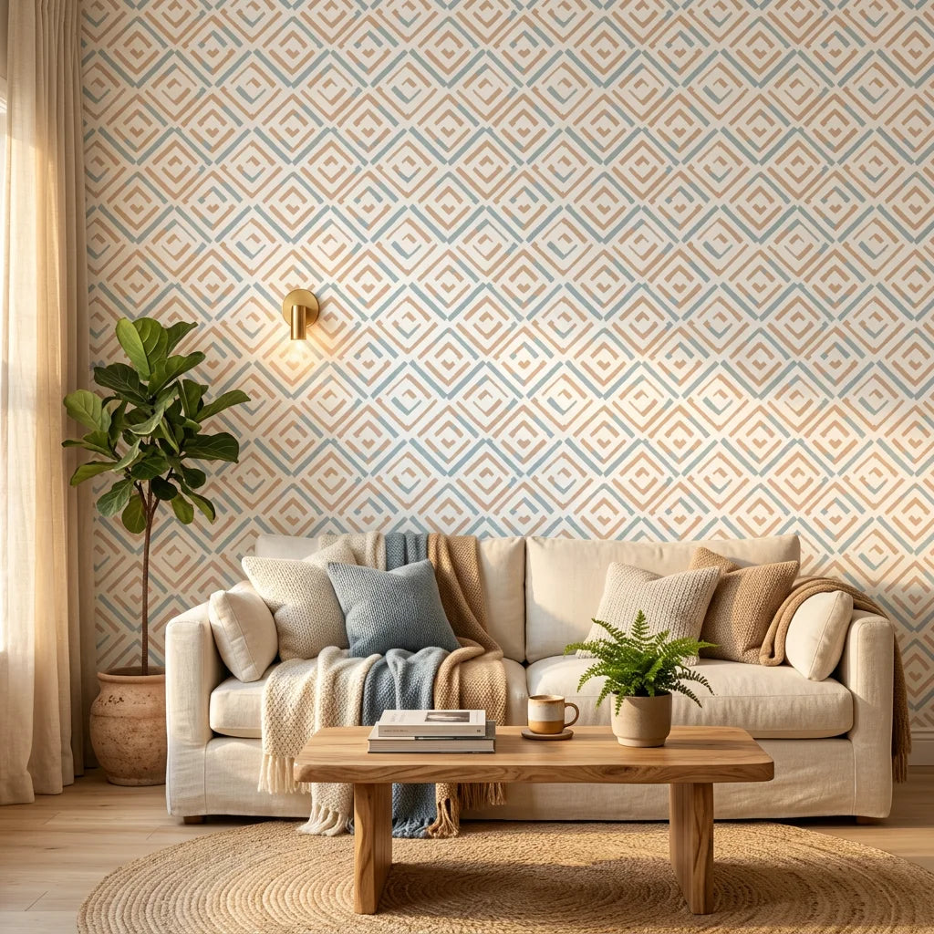 Sand & Sky Fret coastal geometric peel and stick wallpaper in a warm and inviting living room