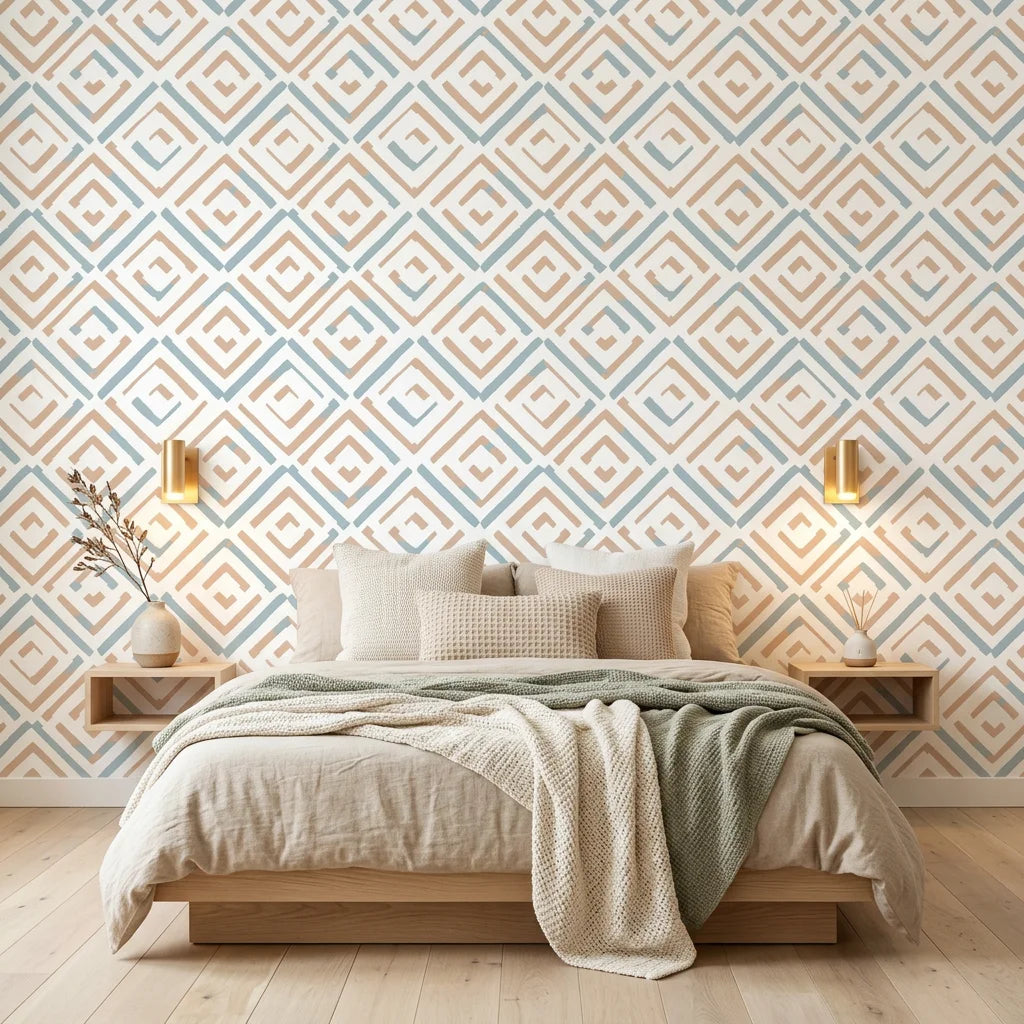 Sand & Sky Fret coastal geometric peel and stick wallpaper adding character to a cozy bedroom