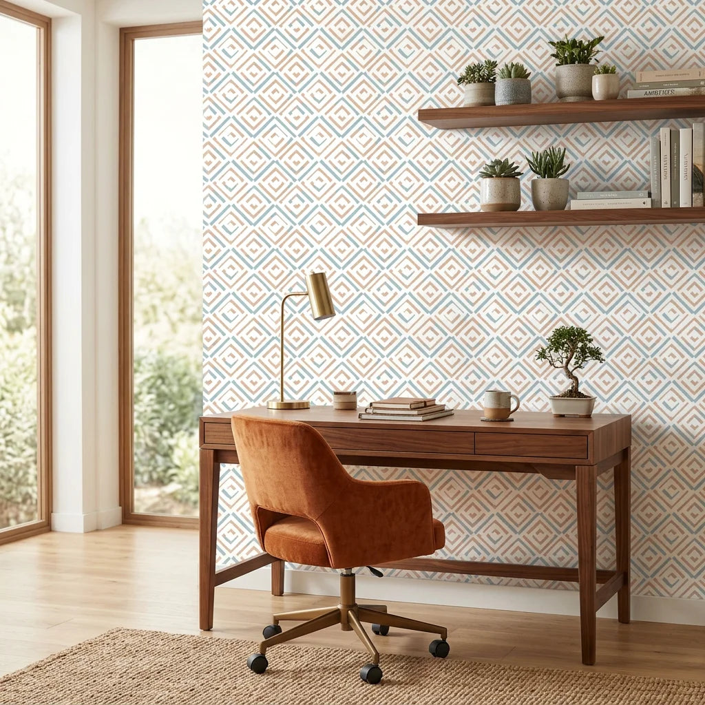 Sand & Sky Fret coastal geometric peel and stick wallpaper as a feature wall in a bright home office