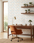 Sand & Sky Fret coastal geometric peel and stick wallpaper as a feature wall in a bright home office