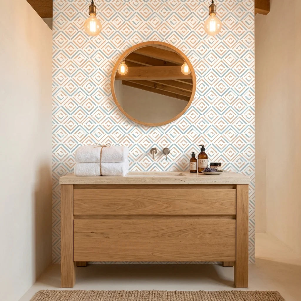 Sand & Sky Fret coastal geometric peel and stick wallpaper creating ambiance in a serene bathroom