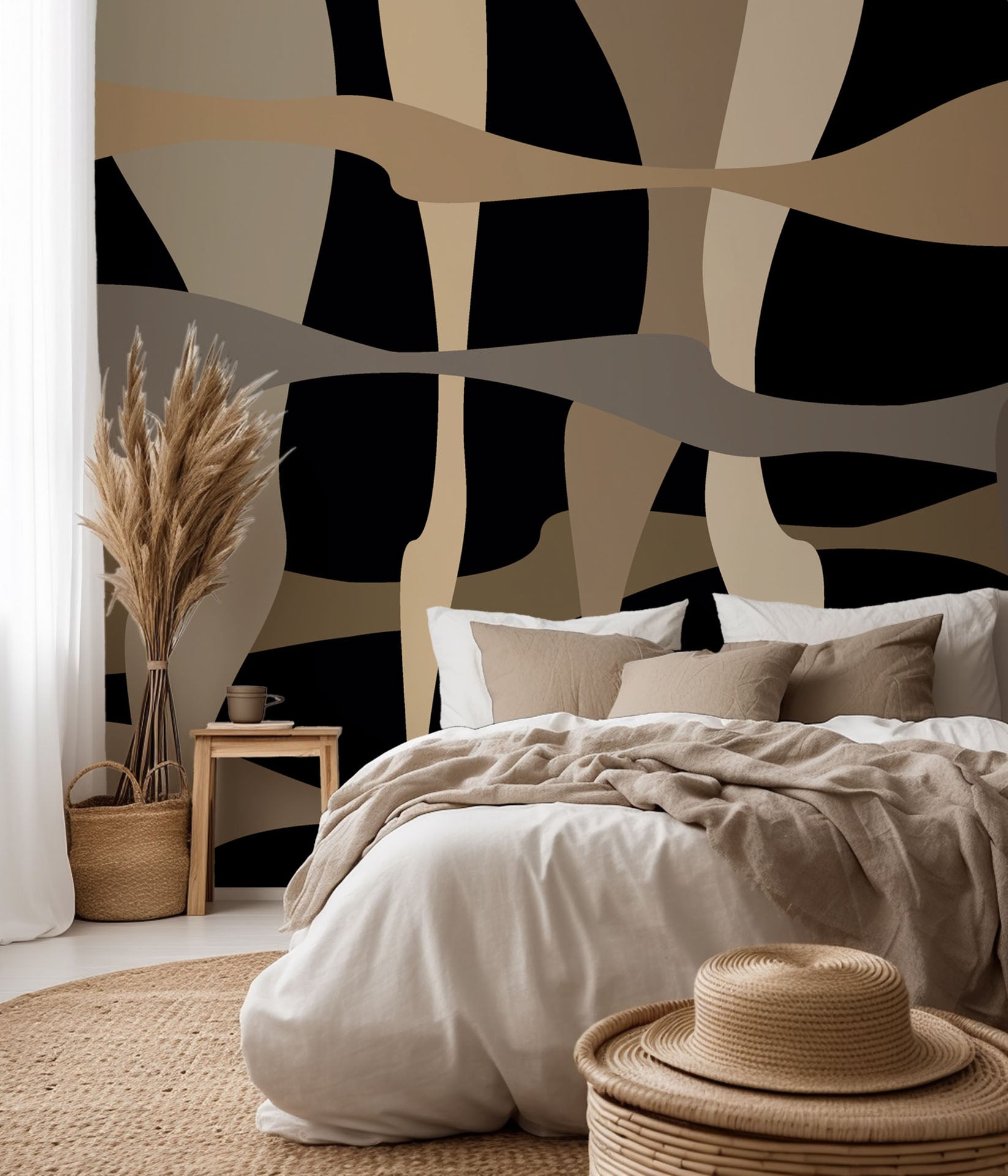 Abstract brown and beige wavy peel and stick wallpaper with geometric lines - Sandy Strands