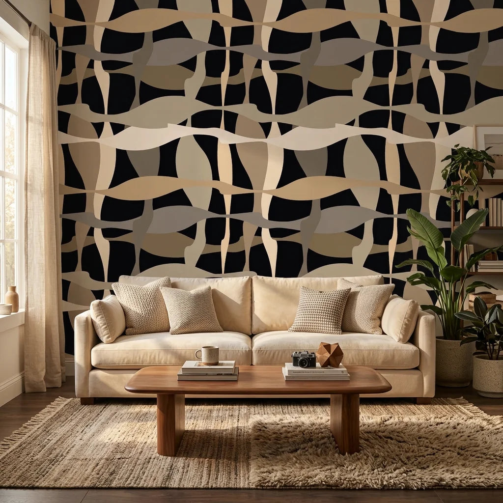Sandy Strands fluid ribbon wallpaper in a warm and inviting living room