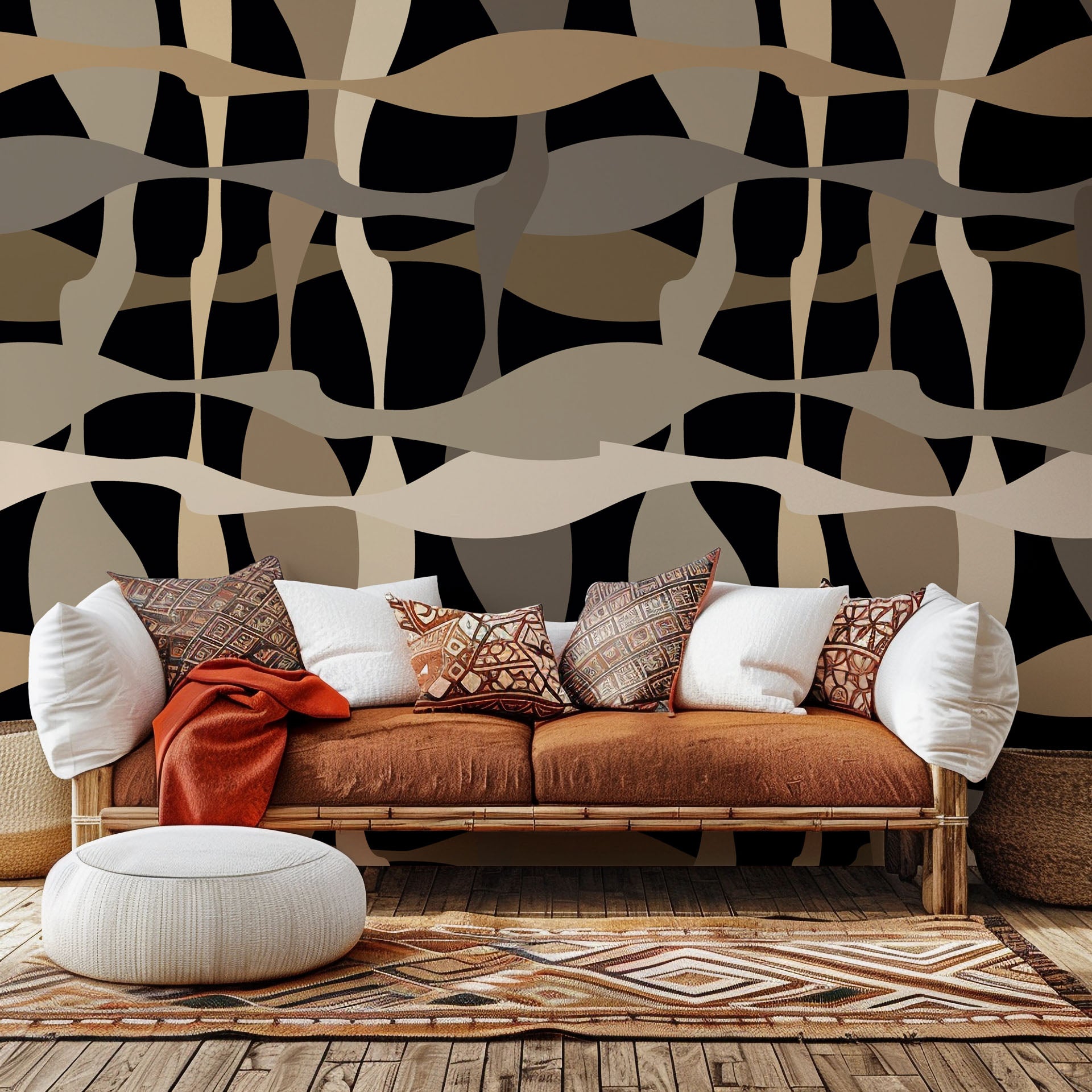 Self-adhesive wallpaper featuring an abstract design of brown and tan undulating geometric lines - Sandy Strands
