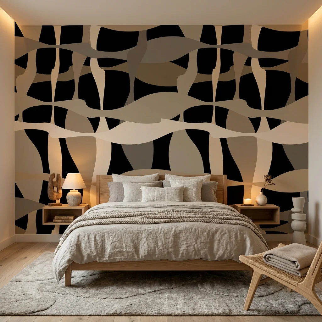 Sandy Strands fluid ribbon wallpaper adding character to a cozy bedroom