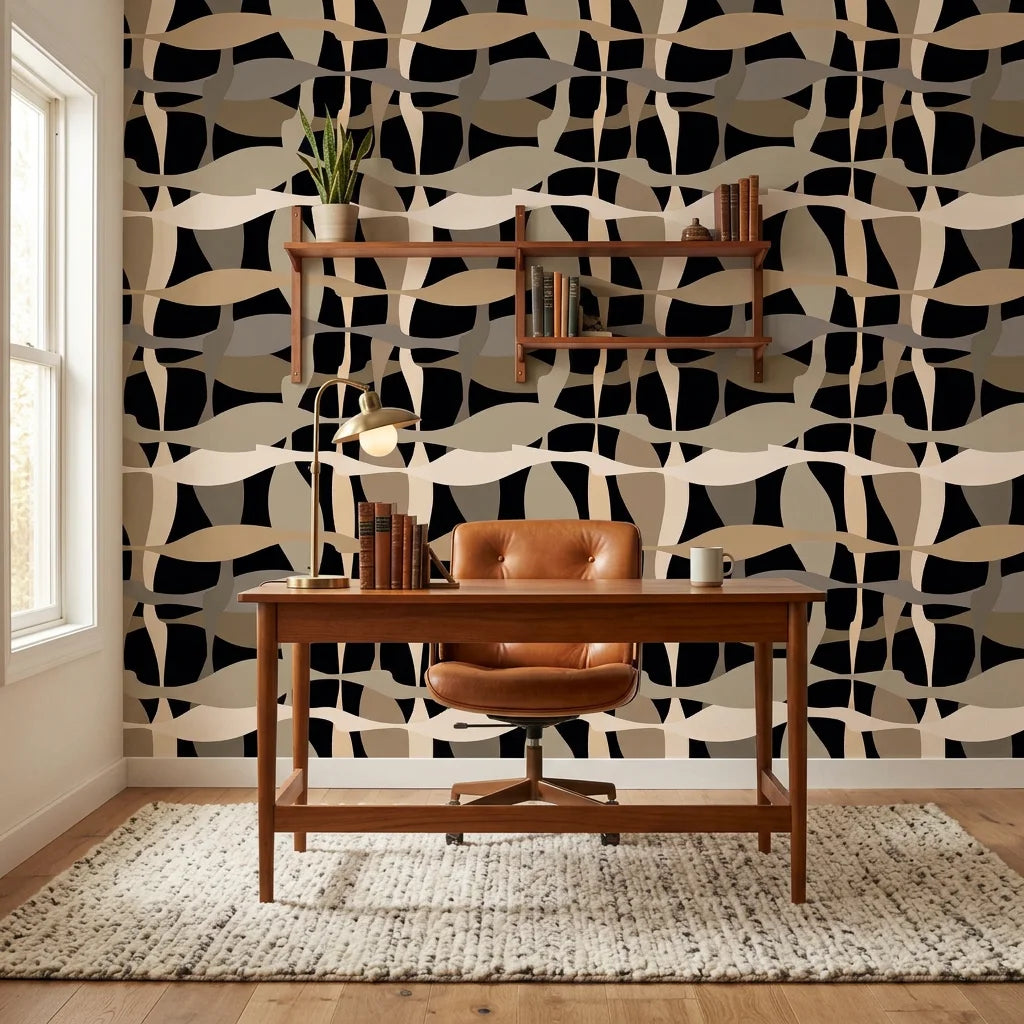 Sandy Strands fluid ribbon wallpaper as a feature wall in a bright home office