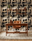 Sandy Strands fluid ribbon wallpaper as a feature wall in a bright home office