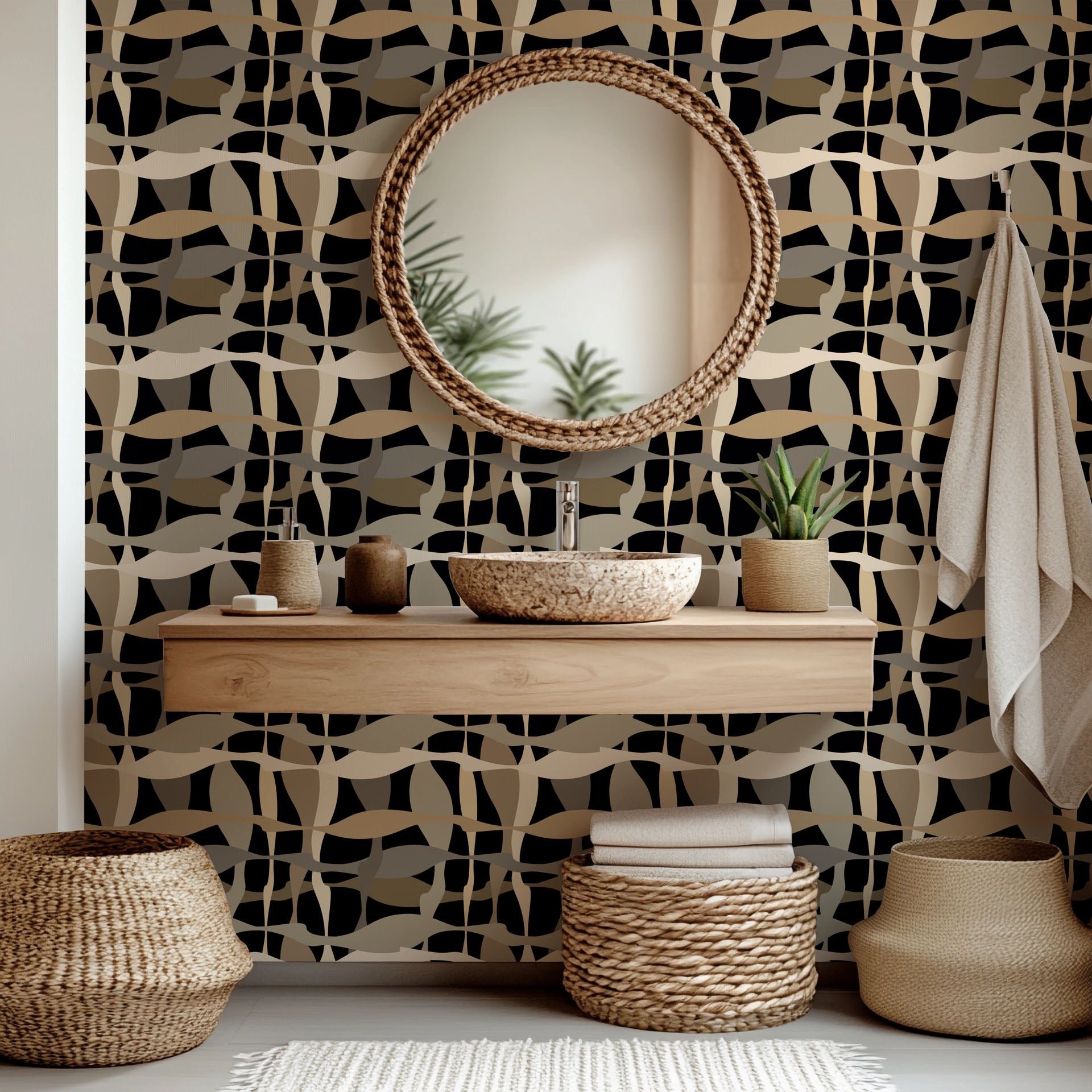 Abstract beige and brown wavy geometric line peel and stick wallpaper - Sandy Strands