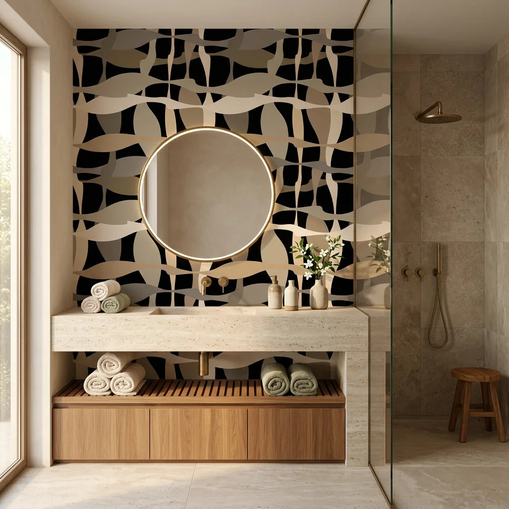 Sandy Strands fluid ribbon wallpaper creating ambiance in a serene bathroom