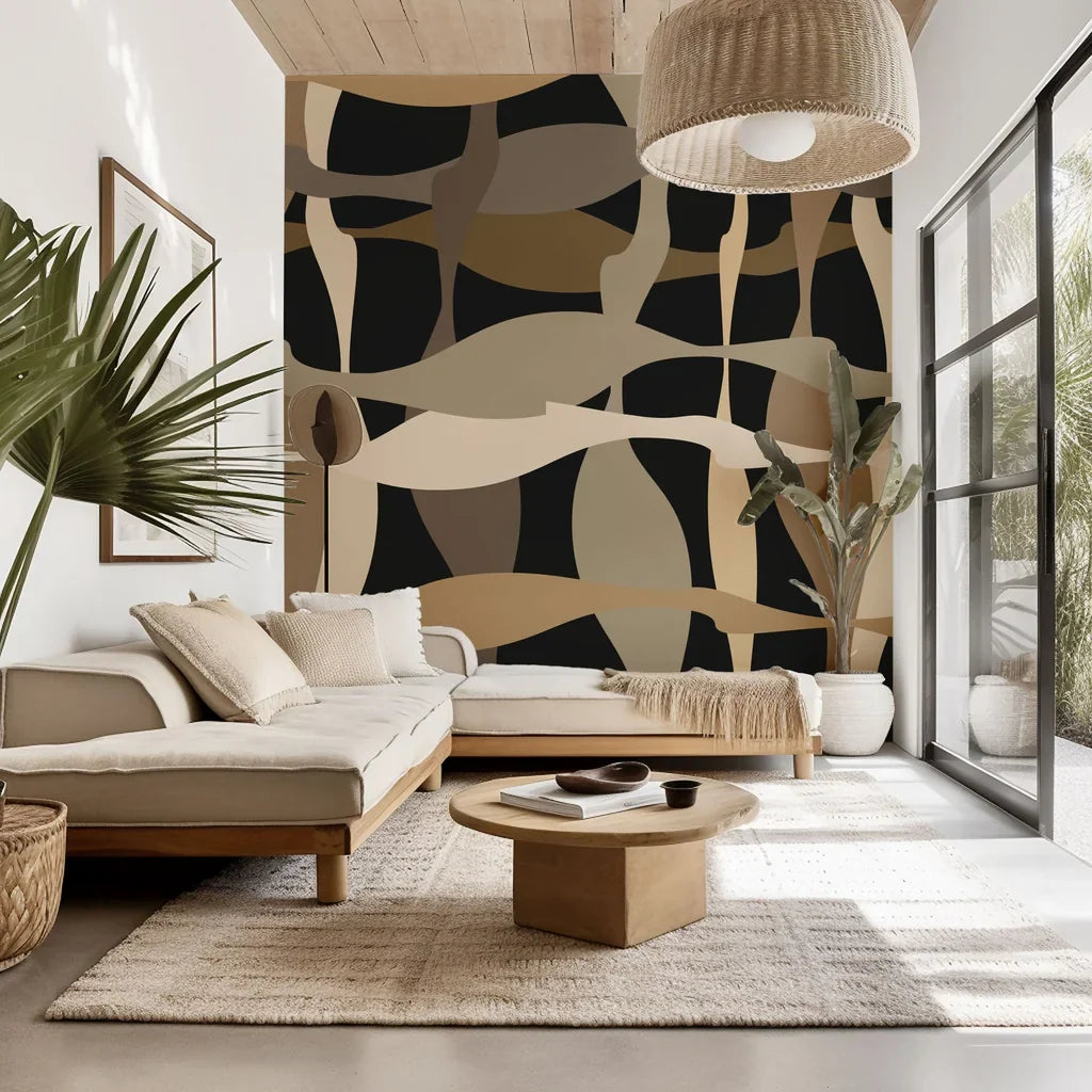 Abstract wallpaper featuring beige and brown wavy geometric lines, suitable for peel and stick application, titled "Sandy Strands"